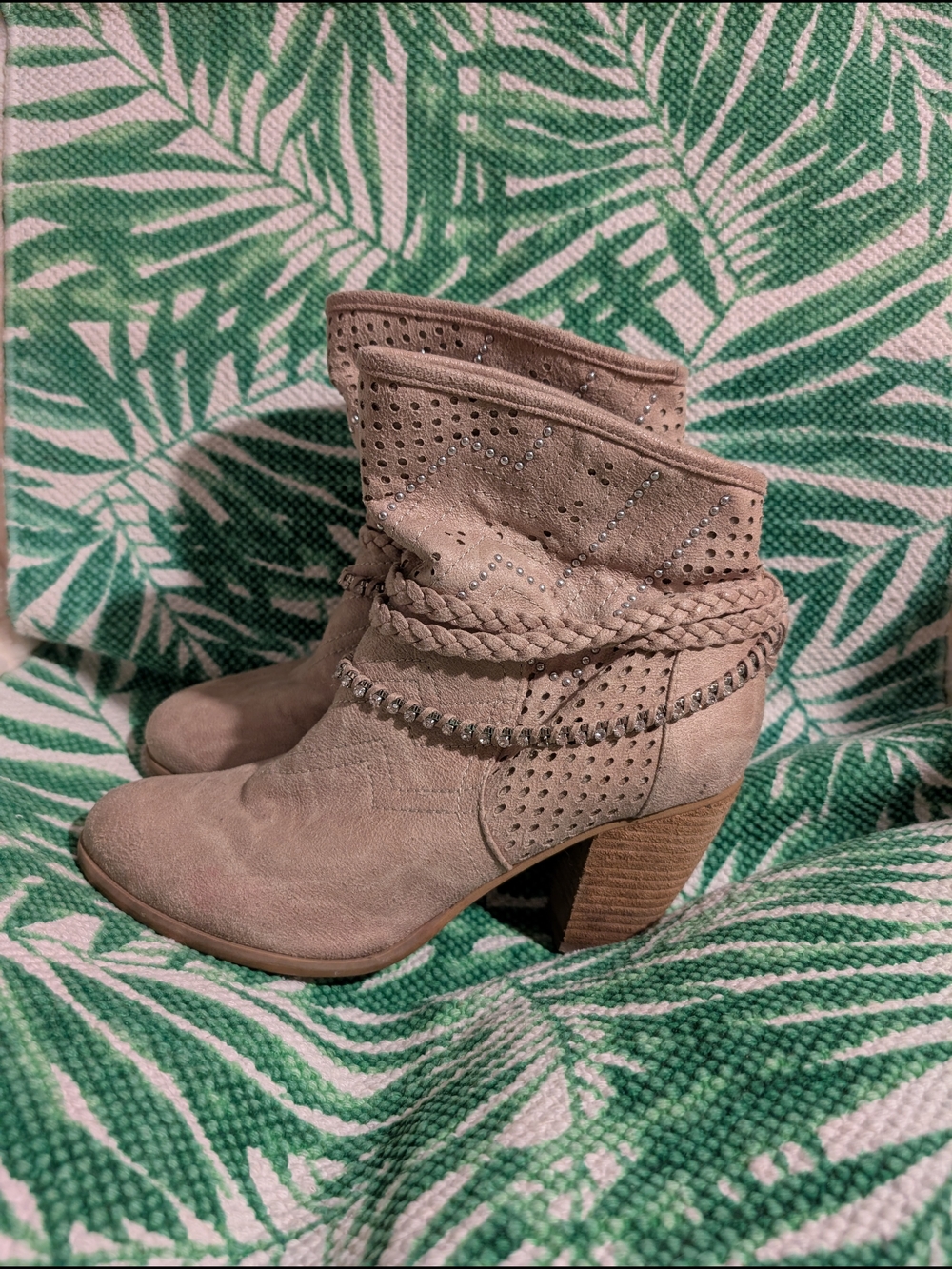 Not Rated Taupe Suede Braided Ankle Booties
